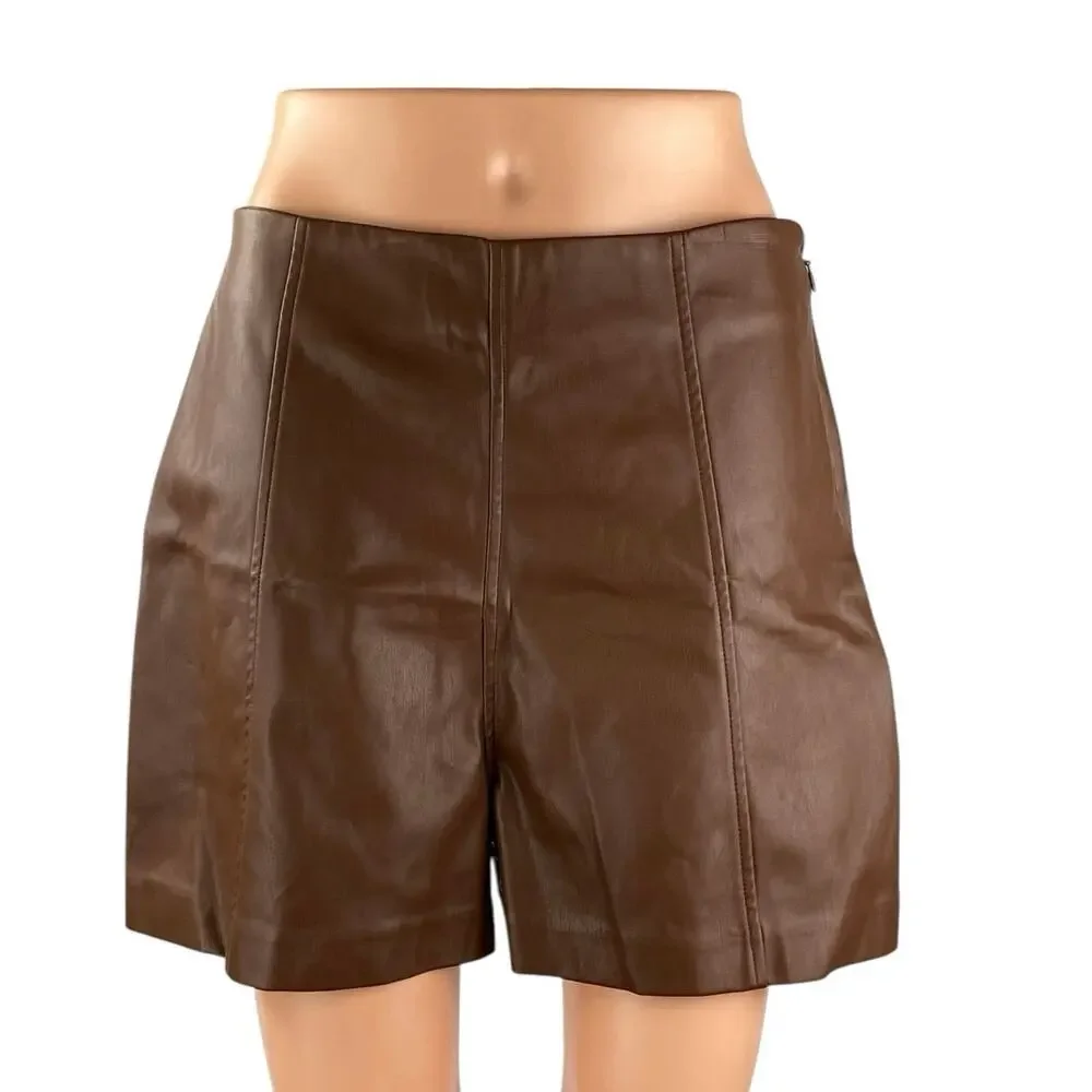 Meshki Women's Brown Fleece Lined High Rise Faux Leather Vegan Mini Shorts Sz M